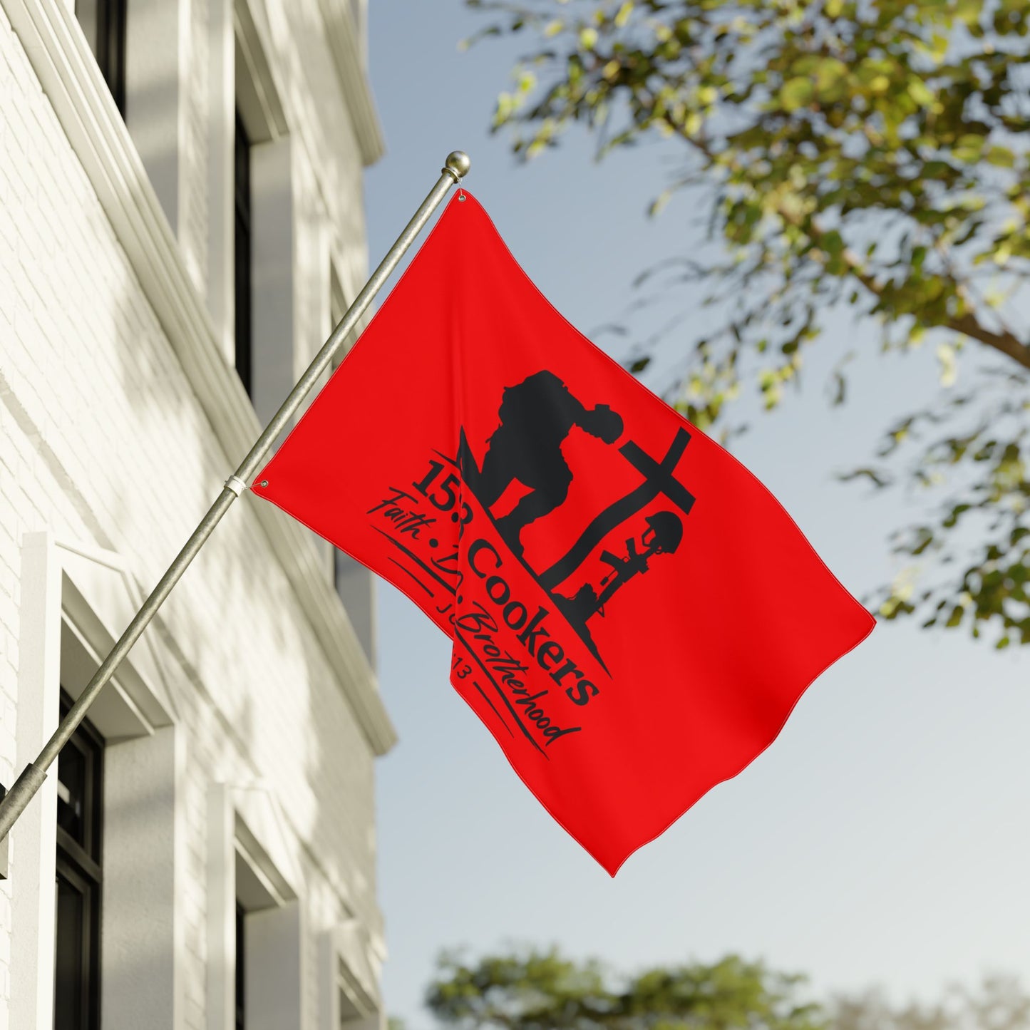 15:13 Cookers BBQ Flag — Faith, BBQ & Brotherhood Double-Sided Garden Banner
