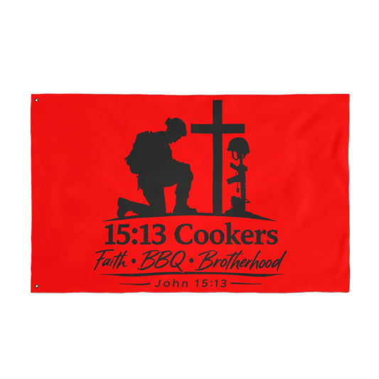 15:13 Cookers BBQ Flag — Faith, BBQ & Brotherhood Double-Sided Garden Banner