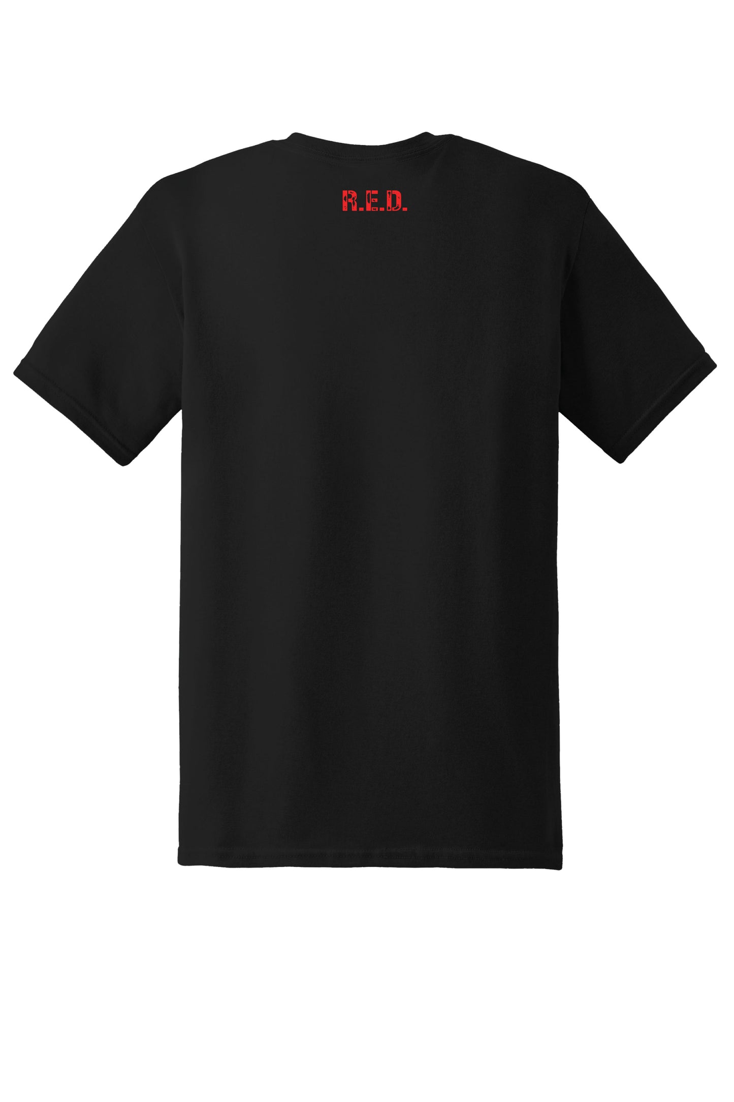 Black t-shirt with 'R.E.D.' text on the back against a white background