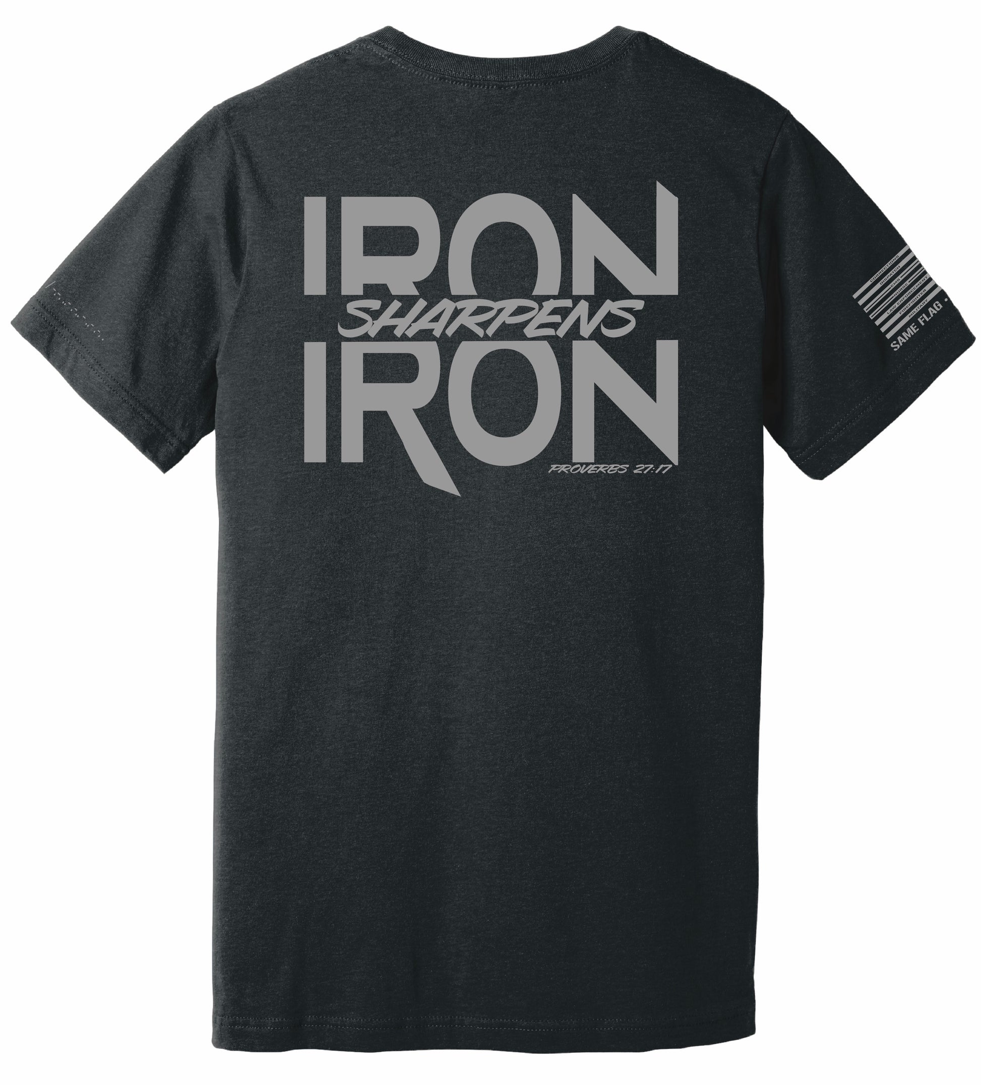 Iron Sharpens Iron t-shirt back print with crew slogan
