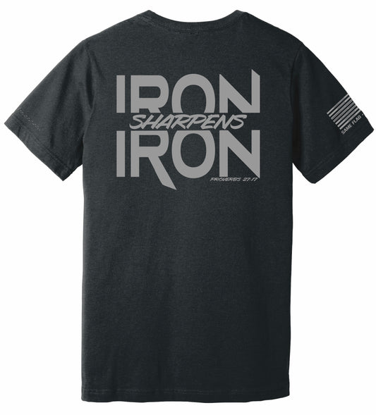 Iron Sharpens Iron t-shirt back print with crew slogan