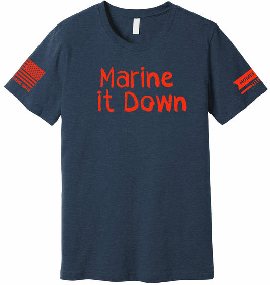 Marine it down co-brand t-shirt front view maroon