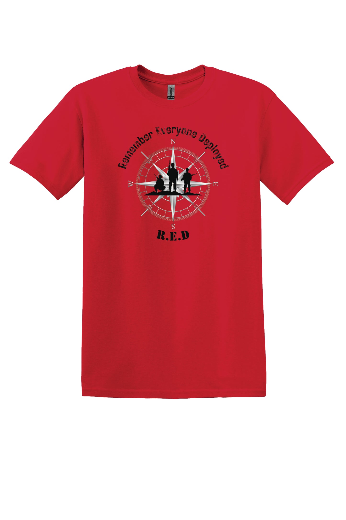 Red t-shirt with a graphic design on a white background