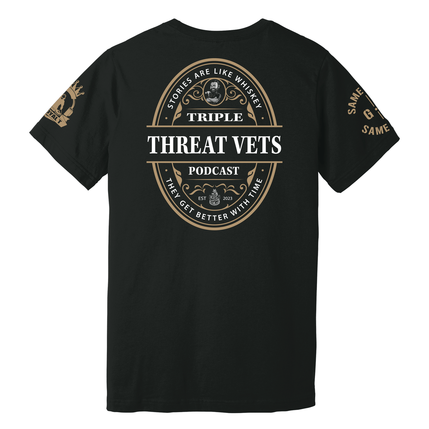 A black T-shirt with a vintage-style oval graphic design featuring text related to the Triple Threat Vets podcast. The T-shirt has 'Triple Threat Vets' and a quote about stories getting better with time as central elements.