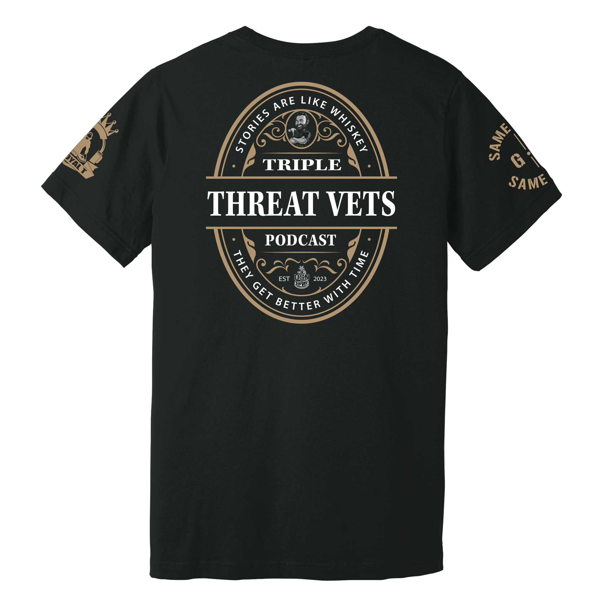A black T-shirt with a vintage-style oval graphic design featuring text related to the Triple Threat Vets podcast. The T-shirt has 'Triple Threat Vets' and a quote about stories getting better with time as central elements.