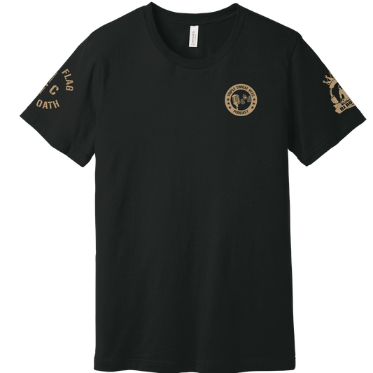Whiskey stories Triple Threat Vets Podcast Co-Brand t-shirt front view black Bella Canvas